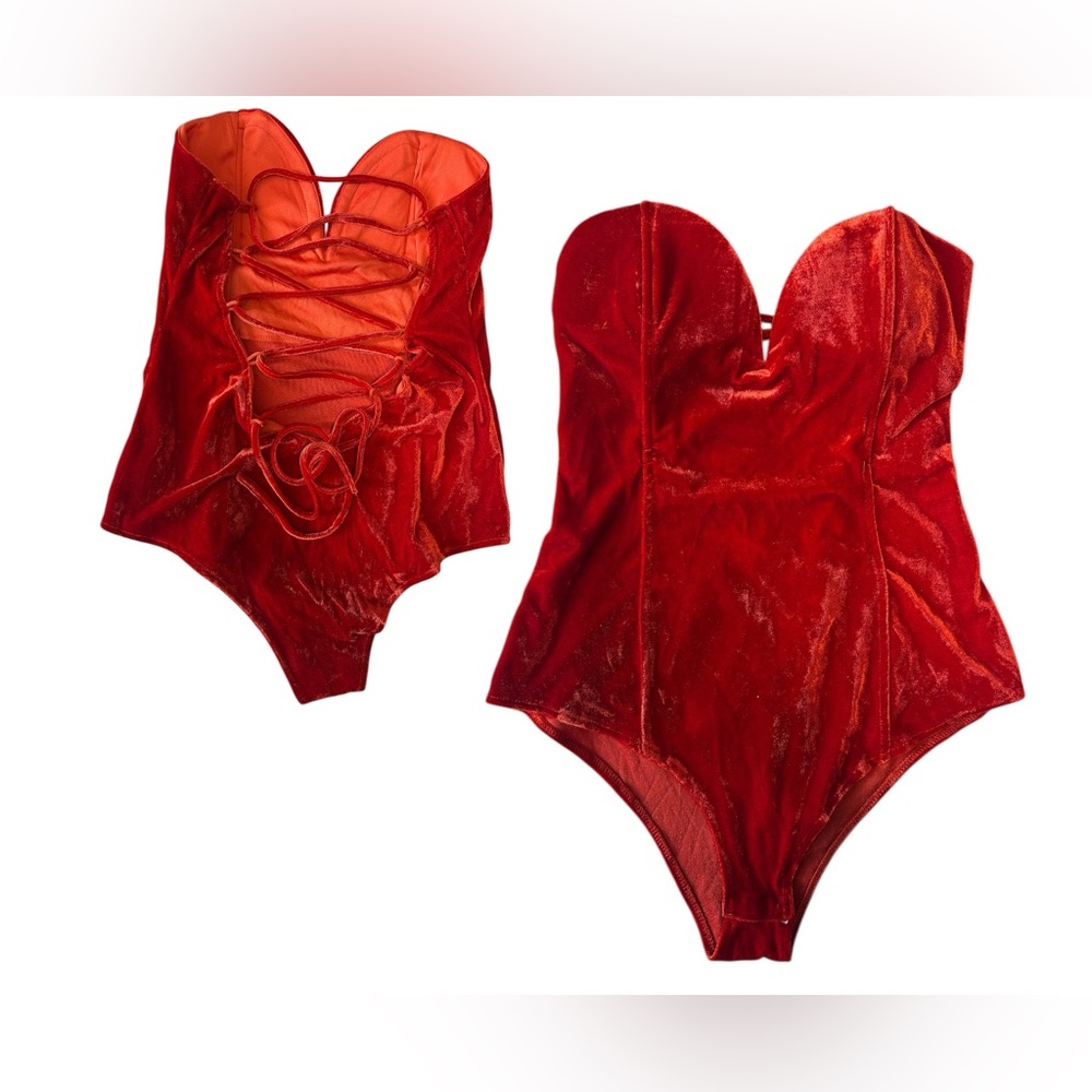 Women’s sexy red velvet lace up bodysuit